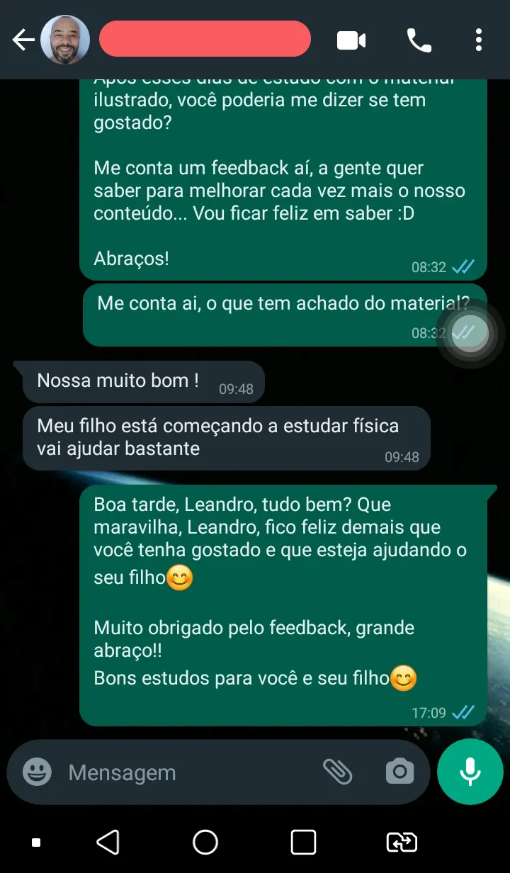 Print de conversa no WhatsApp com o retorno de um aluno sobre o material