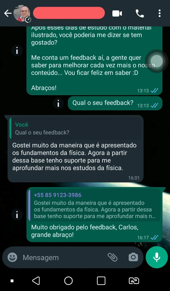 Print de conversa no WhatsApp com o retorno de um aluno sobre o material