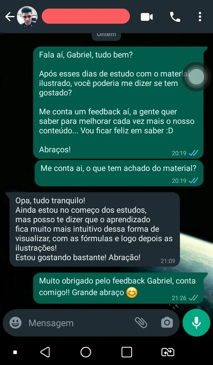 Print de conversa no WhatsApp em que o aluno conta que o aprendizado ficou mais intuitivo com as ilustrações