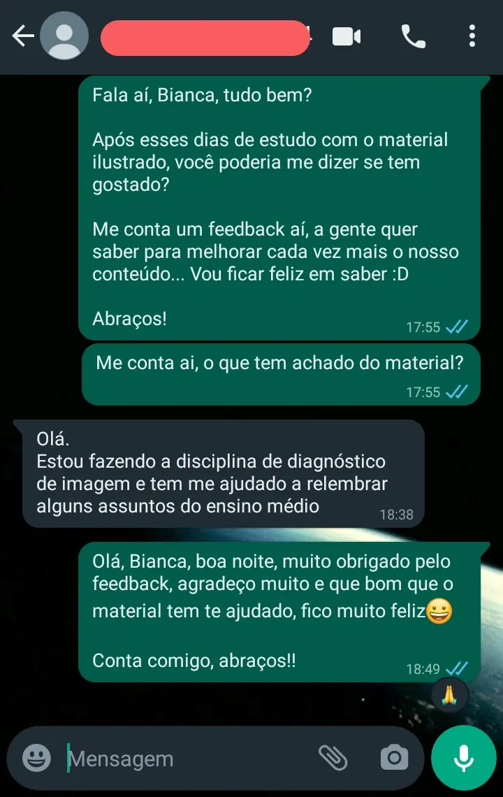 Print de conversa no WhatsApp em que a pessoa conta que conseguiu revisar assuntos do ensino médio