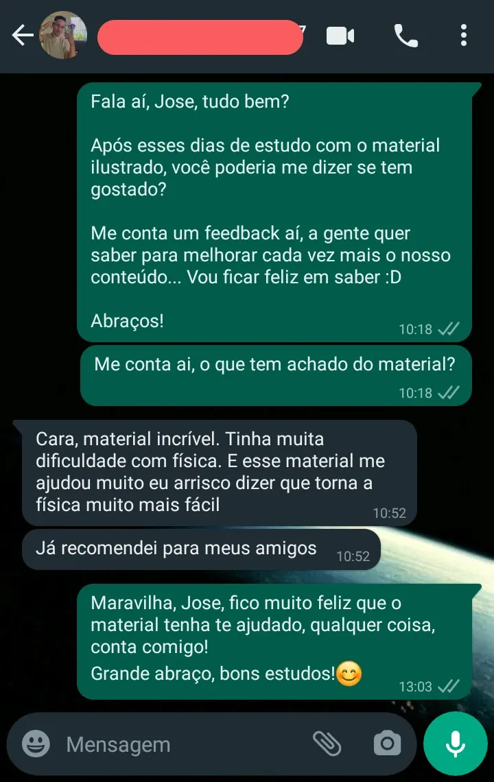 Print de conversa no WhatsApp em que o aluno conta que tinha dificuldade em física e o material simplificou