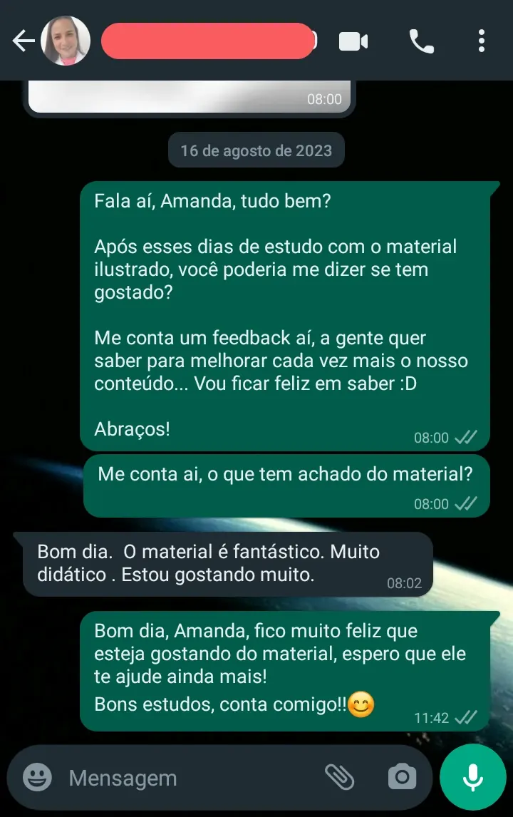 Print de conversa no WhatsApp com o retorno de um aluno sobre o material