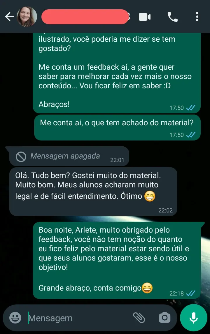 Print de conversa no WhatsApp em que a professora conta que melhorou suas aulas e os alunos adoraram