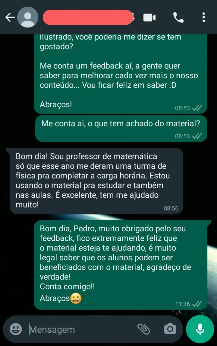 Print de conversa no WhatsApp com o retorno de um aluno sobre o material