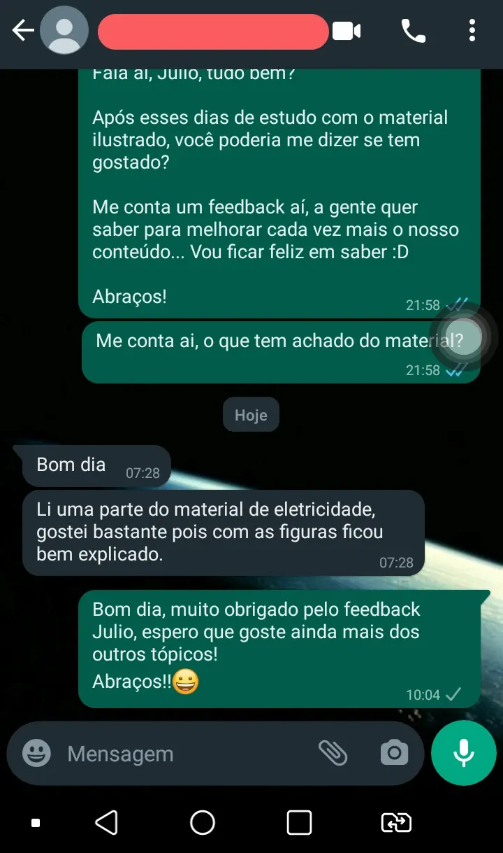 Print de conversa no WhatsApp com o retorno de um aluno sobre o material