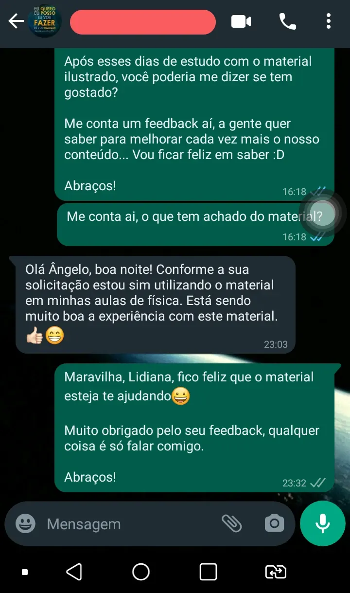 Print de conversa no WhatsApp em que o professor conta que usa o material nas aulas de física