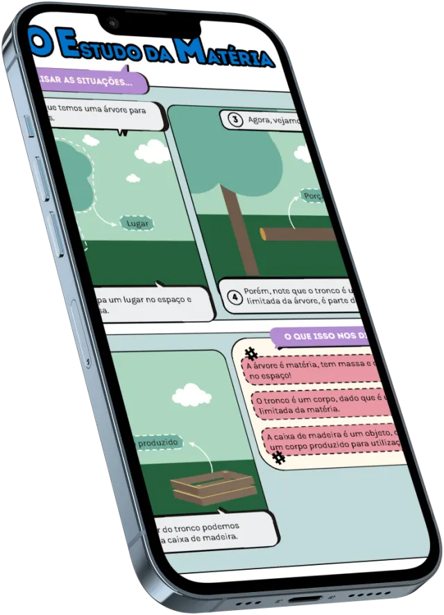 Celular exibindo uma página ilustrada do material de química sobre o estudo da matéria